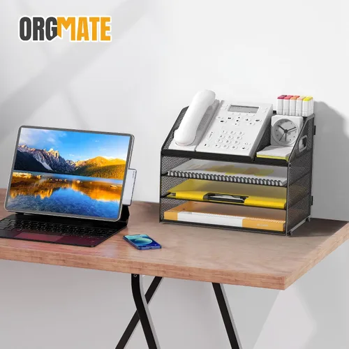 Vista 7 de Bandeja de papel para cartas, organizador de escritorio de 4 niveles con soporte para bolígrafo y asa, organizador de archivos de malla