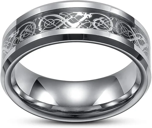 Vista 4 de Anillo de dragón celta para hombre de 0.315 pulgadas (0.315 in), plateado, negro, oro, azul, rojo, acero inoxidable, fibra de carbono, anillo