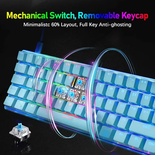 Vista 3 de Combo de teclado y auriculares mecánicos para juegos 60 con retroiluminación arco iris antifantasma 61 teclas micrófono ajustable de 6400 DPI