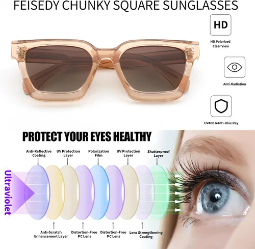 Vista 6 de FEISEDY Gafas de sol polarizadas para hombre y mujer, marco grueso cuadrado, rectangular, UV400, gafas de sol B2396
