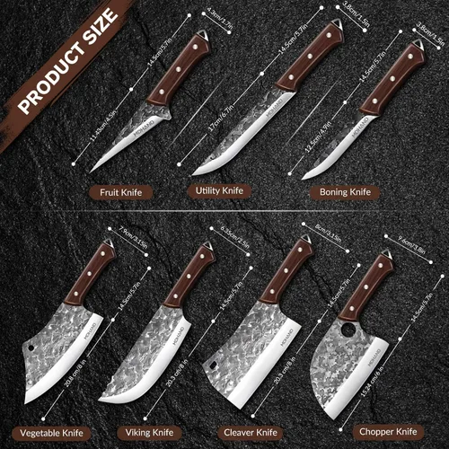 Vista 2 de MDHAND - Juego de cuchillos de carnicero, 14 cuchillos de carnicero forjados a mano con bolsa de rollo, cuchillo de carne resistente, cuchillos