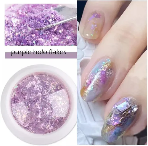 Vista 2 de 4 cajas de uñas en polvo holográfico con purpurina en polvo de ópalo cromado, escamas irregulares brillantes de sirena, lentejuelas rosa y morado