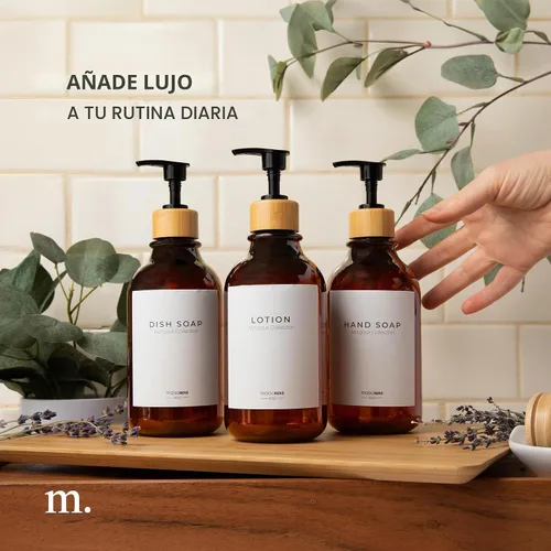 Vista 3 de MaisoNovo Botellas recargables de champú y acondicionador Juego de 3 botellas de plástico ámbar de 16.9 fl oz con bombas de bambú negras