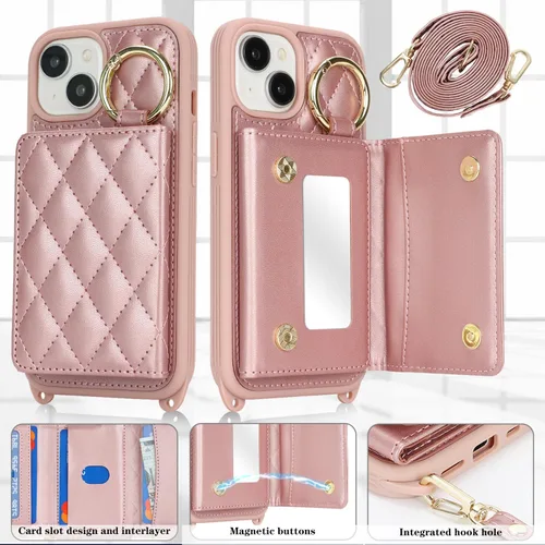 Vista 2 de Funda para iPhone 14 con tarjetero y correa para mujer, cordón cruzado, espejo de maquillaje, soporte de anillo, cierre a presión, bonitas fundas