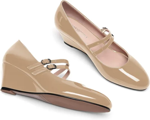 Vista 7 de SHOWFOREST Zapatos de tacón bajo con hebilla de punta redonda para mujer, con correa ajustable y correa ajustable, 2 pulgadas Beige