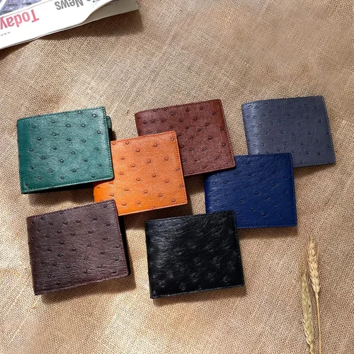 Vista 6 de HATA Cartera plegable de cocodrilo de cocodrilo para hombre, hecha a mano, bloqueo RFID o Hornback por vietnamita, Avestruz Azul Marino-DOBLE LADO