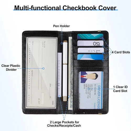 Vista 2 de Funda para chequera personal, cartera RFID con soporte para bolígrafo y divisor de plástico transparente integrado para cheques duplicados, Cielo