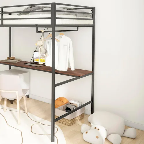 Vista 7 de Cama tipo loft de metal individual con escalera y rieles de protección de alta seguridad, cama loft moderna multifuncional para niños, adolescentes