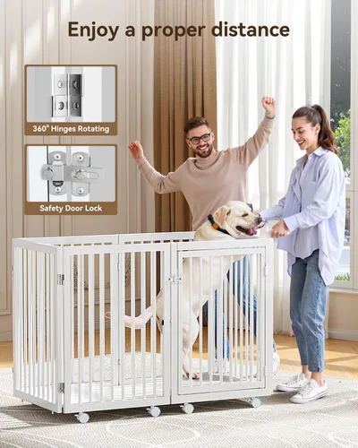 Vista 4 de SLSY Corralito transformable 6 en 1 para perros con 2 tablas base de madera, valla de metal resistente de 30 pulgadas con puerta, corral