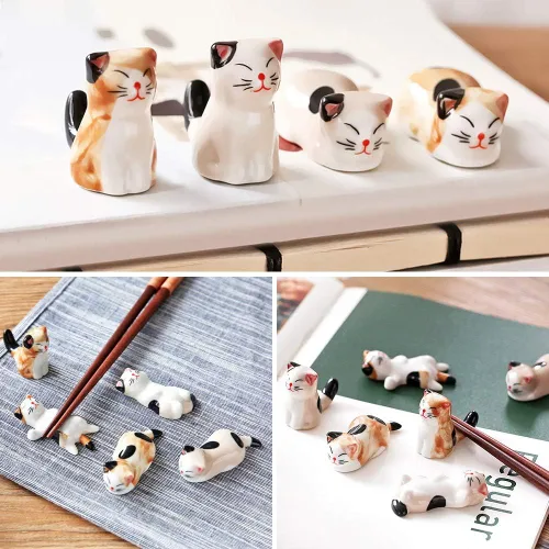 Vista 8 de Juego de 5 pares de palillos y palillos, lindo soporte para palillos de gato de la suerte para 6 gatos, juego de regalo de soporte para palillos