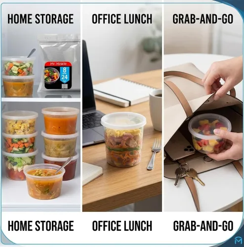 Vista 6 de Mr Miracle Recipientes de 8 onzas con tapas, paquete de 24 recipientes de plástico transparente herméticos reutilizables para alimentos y multiusos