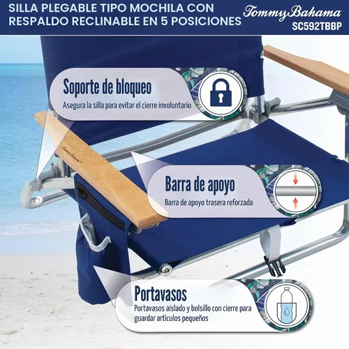 Vista 5 de [Usado] Tommy Bahama - Silla plegable clásica para playa con 5 posiciones y mochila, rayas azules y verdes, 23 x 25.25 x 31.5 pulgadas