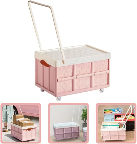 Vista 8 de Cabilock Caja de almacenamiento plegable con tapa, caja de ropa con tapa, carrito de compras, playa, camping, jardín, carrito de compras con rueda