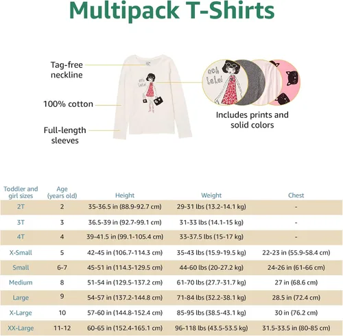 Vista 5 de Tienda Essentials Girls and Toddlers' Long-Sleeve T-Shirts (Previously Spotted Zebra), Multipacks