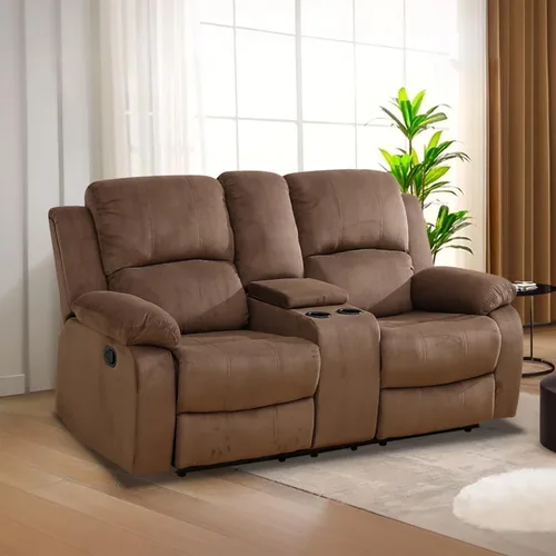 Vista 35 de Juego de Muebles para Sala de Estar, Juego de Sofá Reclinable Manual, Juegos de Sofás Reclinables de Cuero Beige con Mesa Desplegable, Sofá