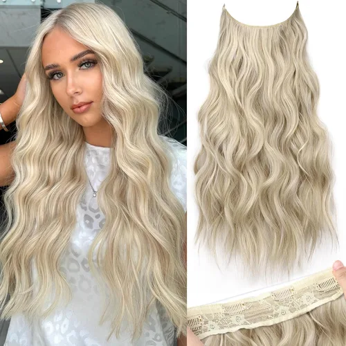 Vista 34 de KooKaStyle - Extensiones de cabello con hilo invisible, diadema transparente, ajustables, 4 clips fijadores, cabello largo y ondulado de 12