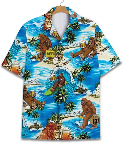 Vista 3 de American Bigfoot - Camisa hawaiana para hombre, divertida camisa hawaiana con botones Sasquatch de manga corta para hombre