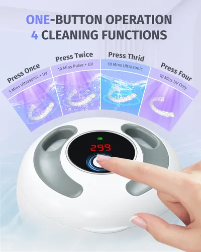 Vista 2 de Limpiador ultrasónico dental de 45 kHz, limpiador de dentaduras UV con 4 modos de temporizador digital, cápsula de limpieza UltraSonic portátil