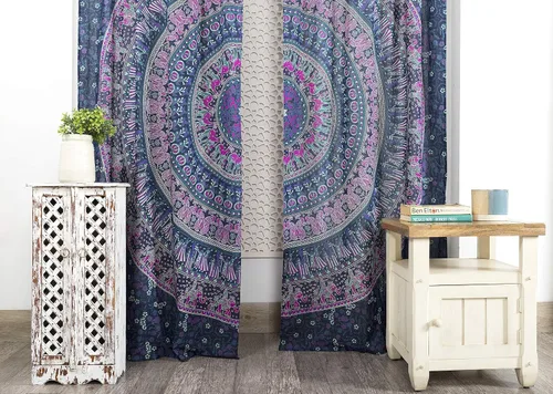 Vista 2 de Popular Handicrafts Paneles de Cortina Mandala Hippie Bohemio Indio de Elefante Hermoso Color Azul