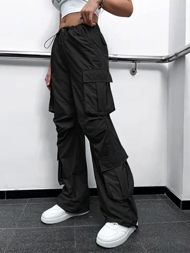 Vista 4 de Floerns Pantalones cargo fruncidos en la cintura con cordón y bolsillo para mujer