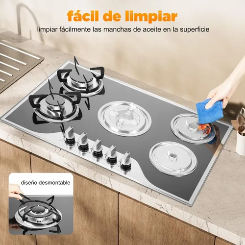 Vista 5 de Estufa de gas de 5 quemadores, encimera de acero inoxidable integrada de 30 pulgadas, encimera de acero inoxidable integrada con protección