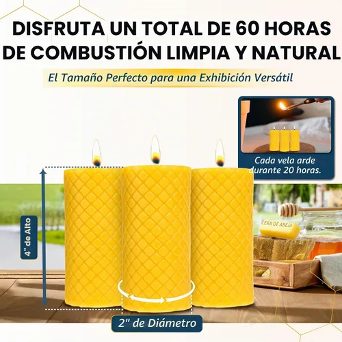 Vista 3 de Velas de pilar de cera de abeja 100% pura de alta calidad, paquete de 3, 2 Amarillo