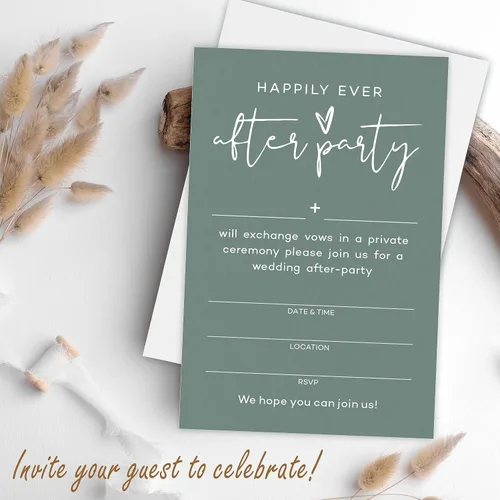 Vista 5 de TPYEN Invitaciones de fiesta Happily Ever After, invitación minimalista de fiesta de recepción de boda verde oscuro, celebración para novia y novio