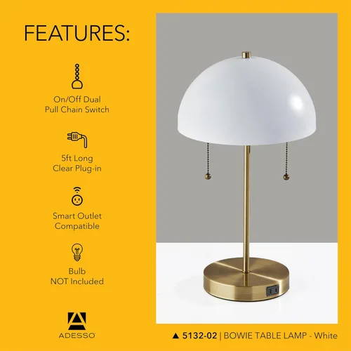 Vista 6 de Adesso Lámpara de mesa con acabados de latón blanco y antiguo - Mesa de noche con dos luces, acento de oficina en casa o decoración de sala