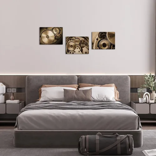 Vista 7 de LyerArtork 3 piezas de arte de pared con motores industriales steampunk, impresiones en lienzo con ruedas de engranajes retro sepia, obras de arte