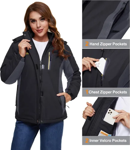 Vista 5 de MAGCOMSEN Chaquetas de esquí para mujer, resistentes al agua, aisladas, a prueba de viento, forro polar, abrigos de invierno con capucha
