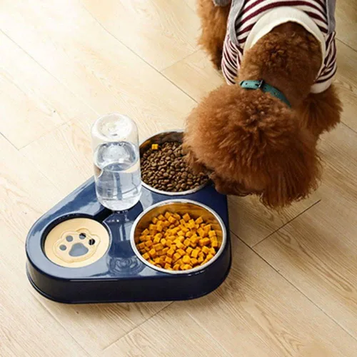 Vista 3 de Comedero de acero inoxidable 3 en 1 para perros y gatos, accesorio de alimentación automática para perros y gatos (azul)