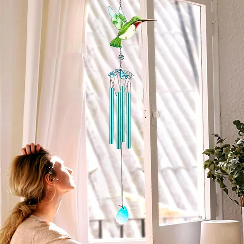 Vista 7 de Campanas de viento de colibrí verde, campanillas de viento para exteriores, campanillas románticas móviles pintadas de vidrio de 26 pulgadas, patio