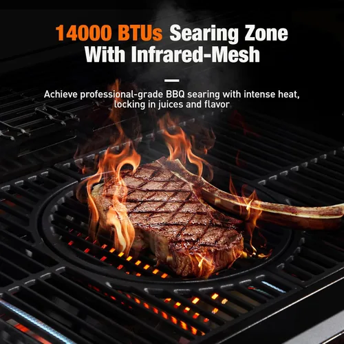 Vista 2 de Brand-Man PRO - Parrilla de gas propano de 5 quemadores, zona de sellado de 14000 BTU con malla infrarroja, rejillas y plancha de hierro fundido