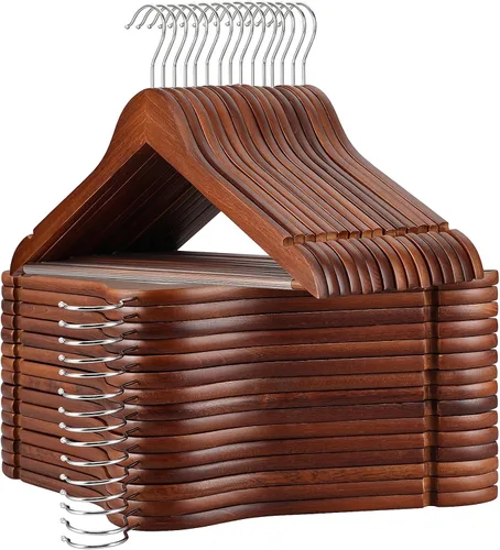 Vista 12 de TOPIA HANGER Perchas de Madera para Abrigos Paquete de 30, Perchas de Madera Vintage para Trajes con Barra Antideslizante para Pantalones, Gancho