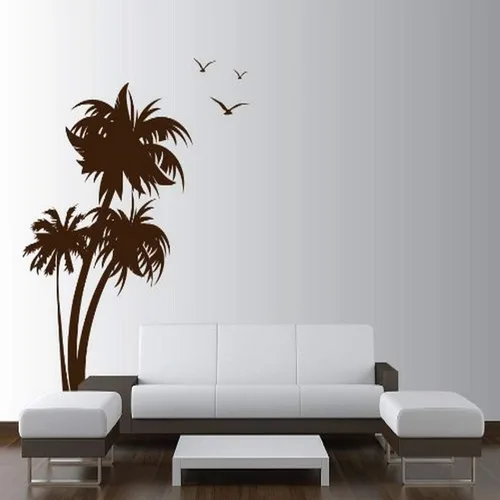 Vista 5 de Innovative Stencils 1132 84 mblack mirror Palm Coconut Tree Nursery Wall Decal with Seagull Birds, color blanco