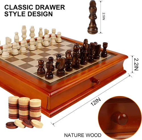 Vista 2 de Juegoal Juego de ajedrez y damas de madera de 12 pulgadas con cajón de almacenamiento, juegos de mesa portátiles para niños y adultos