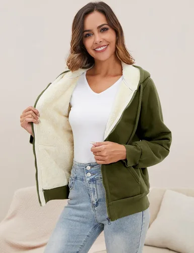 Vista 4 de Gihuo - Sudadera con capucha y cremallera para mujer, forro de Sherpa, chaqueta de invierno con forro polar cómoda Verde Armada (ArmyGreen)