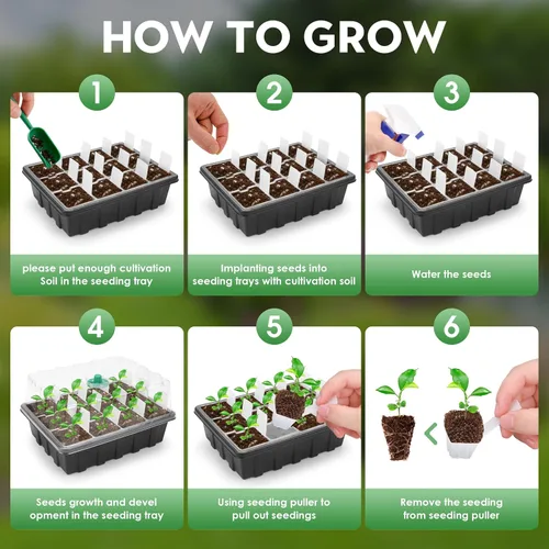 Vista 5 de Paquete de 5 bandejas para plantas con 60 extractores reutilizables, bandeja de inicio de semillas para semillas de lechuga con kit de cúpula