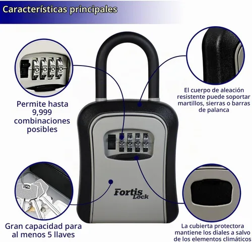 Vista 3 de Caja para llaves con código, caja de seguridad portátil con grillete, cerradura de combinación de 4 dígitos, caja de bloqueo de llave resistente a