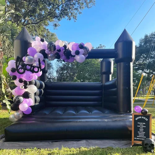 Vista 7 de Casa inflable negra para decoración de Halloween al aire libre, fiesta, patio, boda, castillo inflable de PVC para niños con soplador
