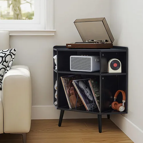 Vista 4 de Soporte esquinero para tocadiscos con estación de carga y puertos USB, gabinete de almacenamiento de discos de vinilo moderno de 3 niveles