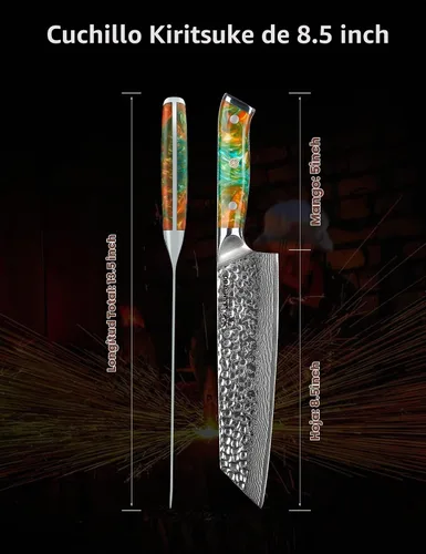Vista 5 de Cuchillo Kiritsuke de 8.5" - Cuchillo de chef profesional de cocina - Acero damasquino martillado y mango de resina - Serie YAO
