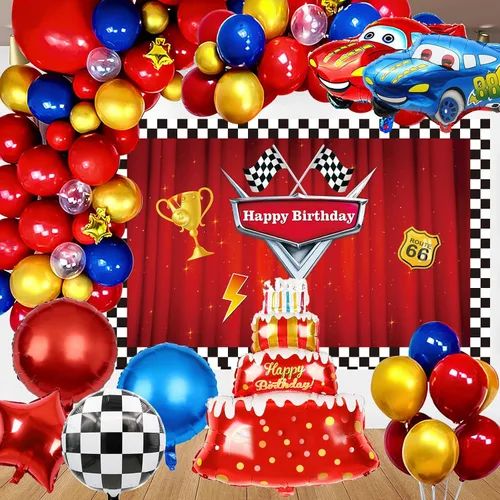 Vista 7 de Decoración de fiesta de cumpleaños de coche de carreras, globos de automóvil de carreras con flecos de aluminio a cuadros, telón de fondo