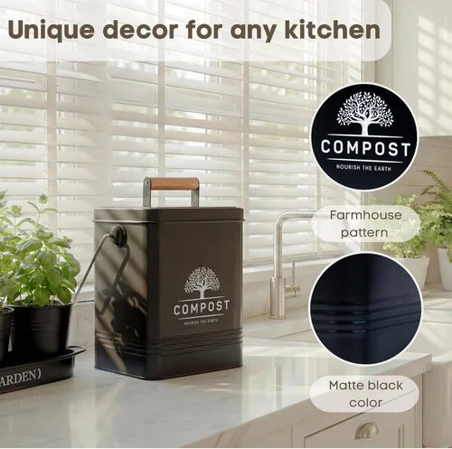 Vista 4 de PERFNIQUE Contenedor de compost de cocina, contenedor de compostaje para encimera de 1.7 galones con tapa, contenedor de compost interior incluye 2