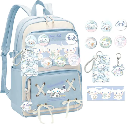 Vista 2 de Mochila linda de anime para estudiantes, bolsa de viaje casual de dibujos animados para niños y niñas, mochila de temporada escolar (azul claro)