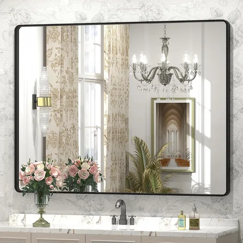 Vista 40 de Paquete de 2 espejos de baño con marco de metal negro de 22 x 30 pulgadas, espejo rectangular redondeado negro mate, antioxidante, se cuelga