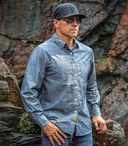 Vista 2 de Dubinik® Chambray - Camisa de trabajo de algodón de manga larga para hombre, con 2 bolsillos, casual, con botones