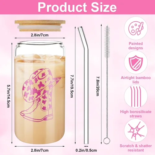 Vista 2 de Maxcheck 4 vasos de cerveza de vaquera occidental de 16 onzas, sombrero para beber, taza de café helado con tapa de bambú, popote y cepillo