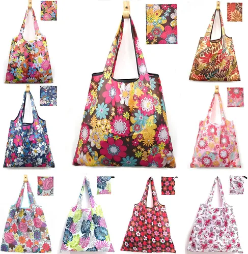 Vista 7 de ATAMET Paquete de 9 bolsas de comestibles reutilizables, bolsas de compras plegables, bolsas de nailon resistentes, bolsas de tela Ripstop Elegante