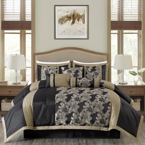 Vista 10 de Chezmoi Collection Juego de edredón Jacquard Floral de 7 piezas, color negro y dorado, con medallón de diamante, tamaño Queen Negro/Marrón Floral